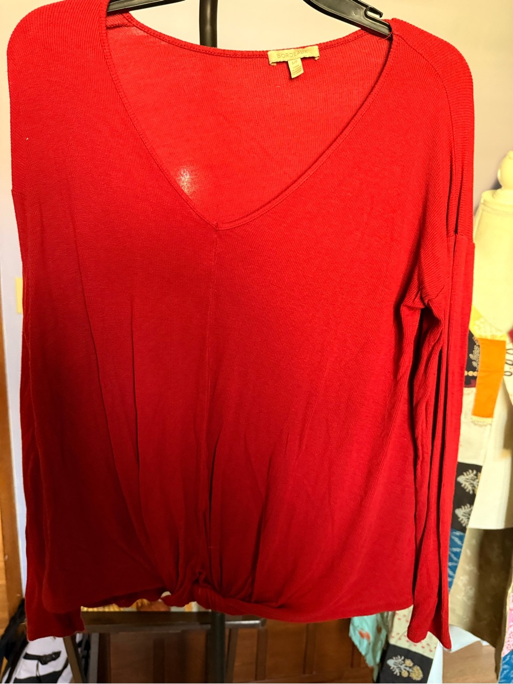 Anthro Bordeaux Red V-Neck Long Sleeve Tie-Hem Top